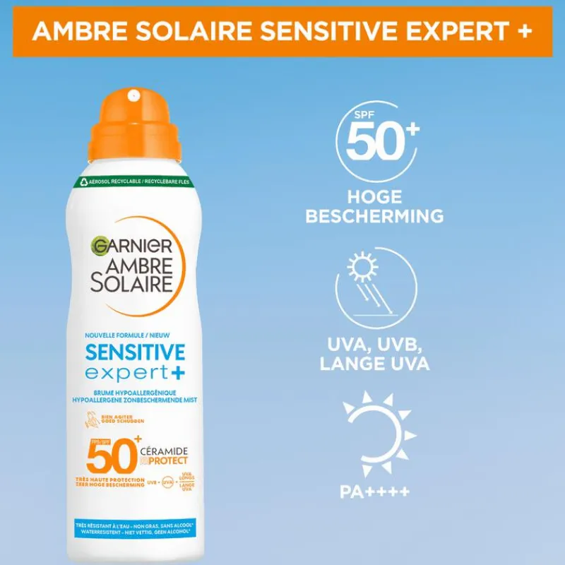Hot Garnier Ambre Solaire Sensitive Expert Hypoallergene Zonnebrand Mist SPF50 150 ML