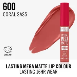 New Rimmel London Lasting Mega Matte Liquid Lipstick 600Coral Sass 600 Coral Sass